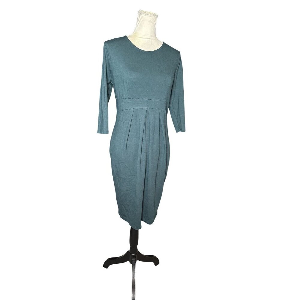 Hello Miz Women’s Green Midi Dress Empire Waist 3/4 Sleeve Minimalist Career M